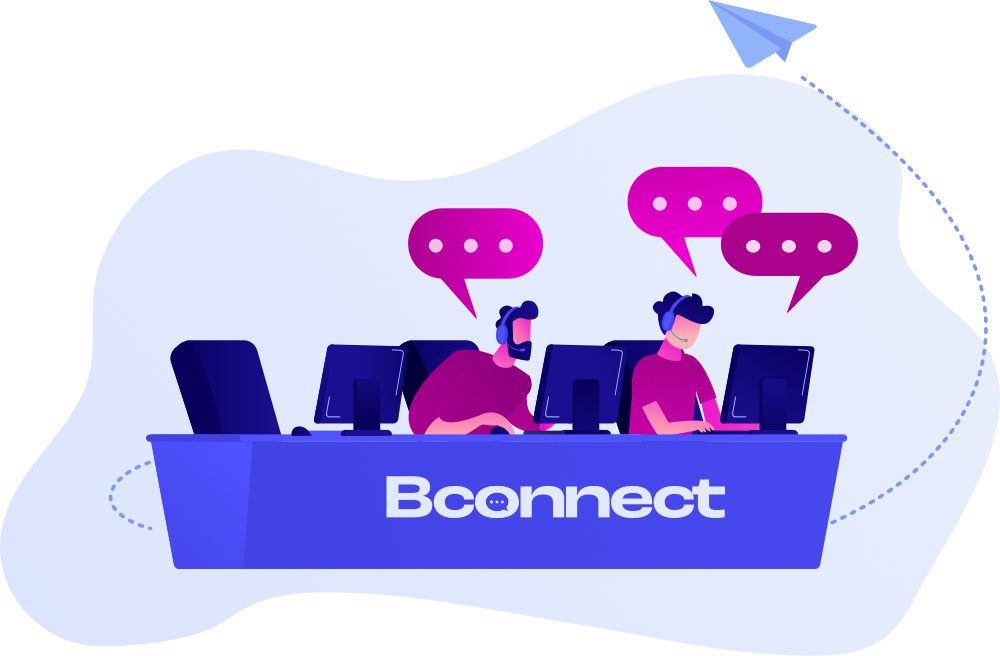 klantenservice-medewerker met een headset die achter een laptop werkt, omringd door chatbubbels en pictogrammen zoals een zoekicoon, prestatie-indicator en kortingssymbool. Dit beeld benadrukt professionele en efficiƫnte online klantenservice met snelle communicatie en ondersteuning