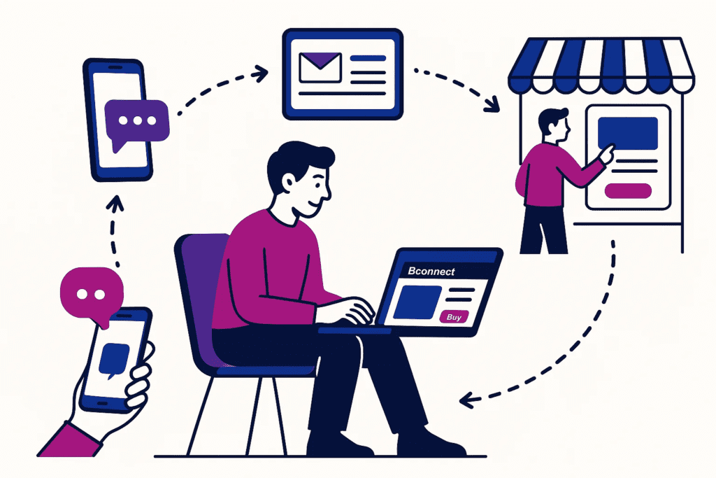 klant die via meerdere kanalen ā website, live chat, e-mail en fysieke winkel ā in contact staat met een bedrijf. De afbeelding toont een naadloze omnichannel ervaring i
