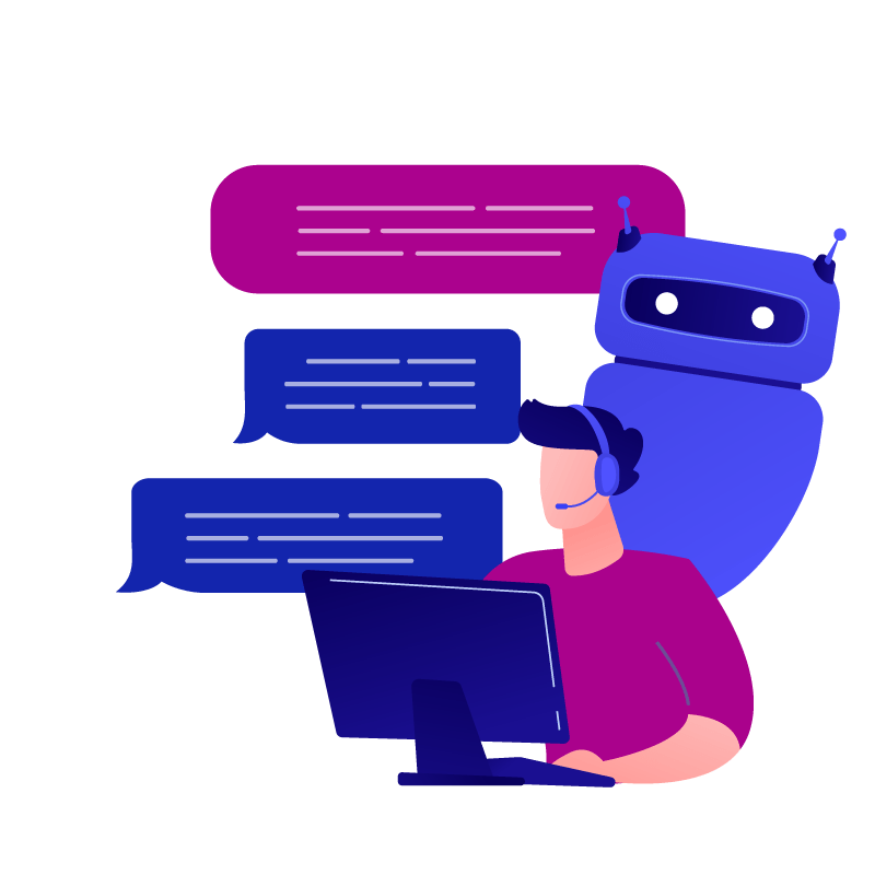 Illustratie van een chatoperator met een headset die wordt ondersteund door een chatbot. Verschillende chatvensters tonen interacties tussen AI en de operator, wat de efficiënte samenwerking tussen AI en menselijke agents bij live chat implementeren weergeeft