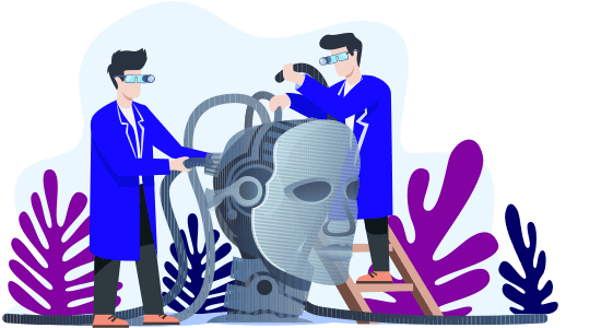 Twee wetenschappers in blauwe jassen werken aan een geavanceerde AI-robot, met futuristische technologie en datakabels, wat symbool staat voor de inzet van AI-ondersteunde tools en geavanceerde technologieƫn in klantenservice